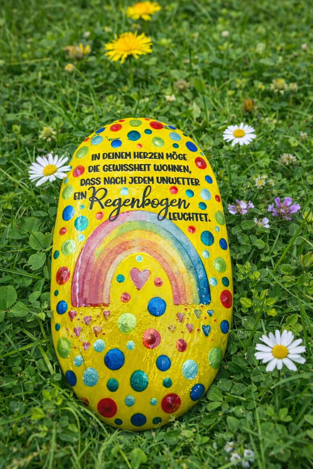 Steine mit verschiedenen Bildern und Texten