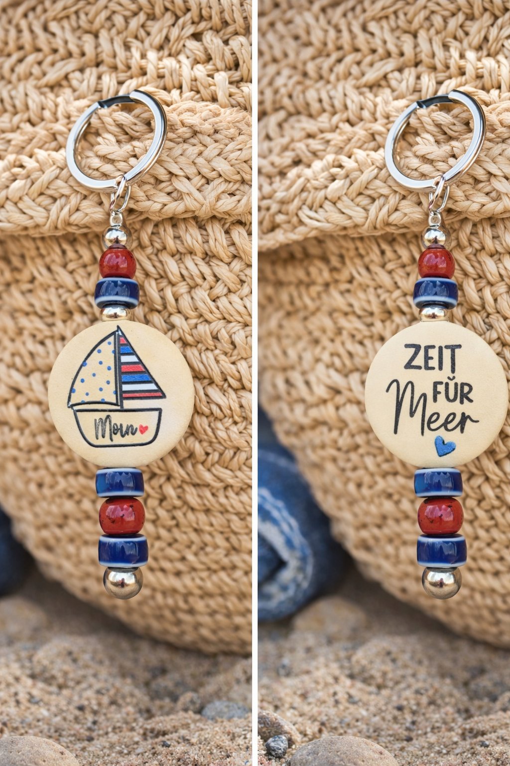 Maritime Taschenanhänger mit Keramikperlen  und verschiedenen Texten und Bildern