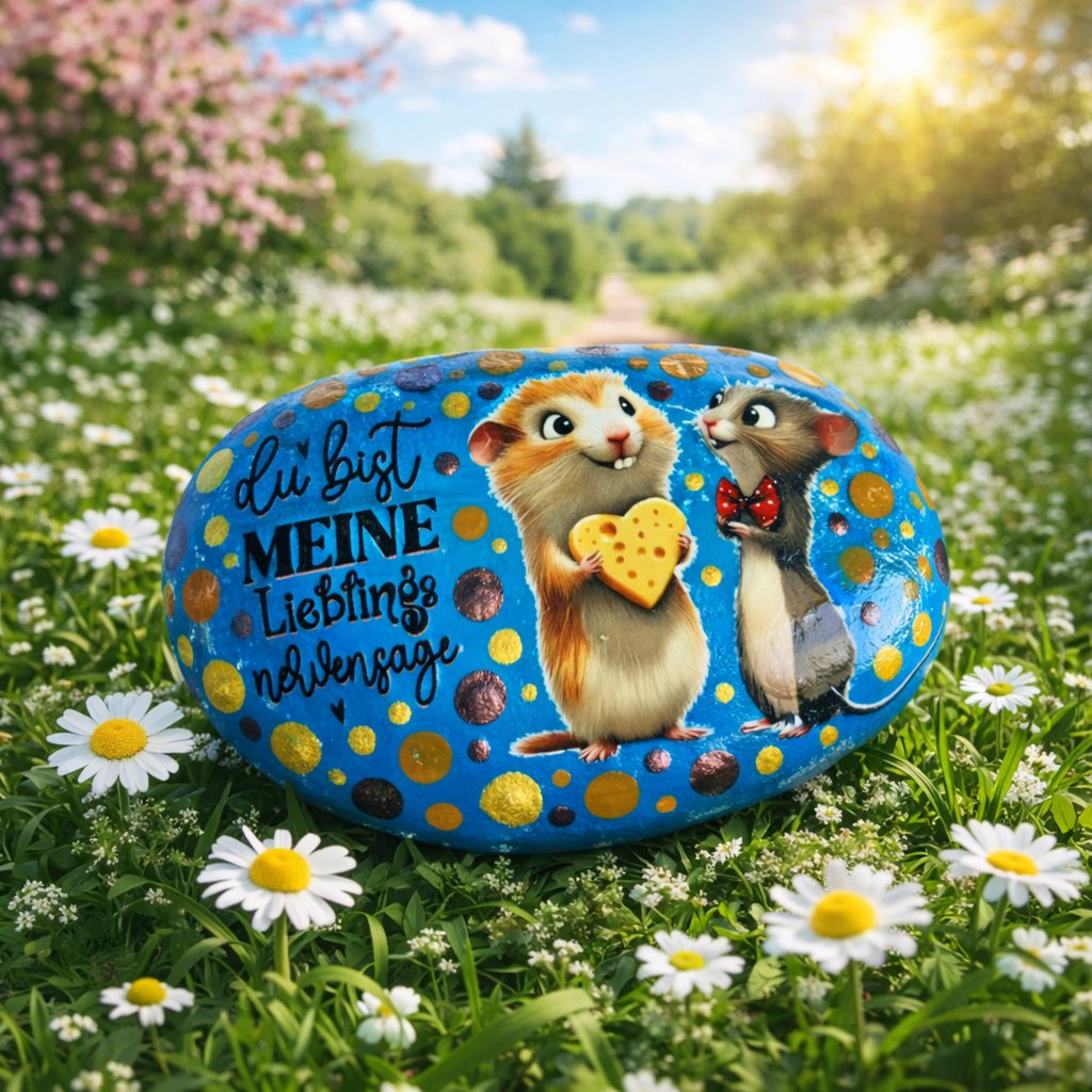 Steine mit verschiedenen Bildern und Texten