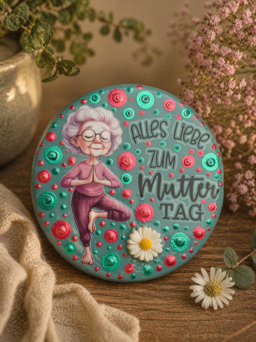 Steine mit verschiedenen Bildern und Texten